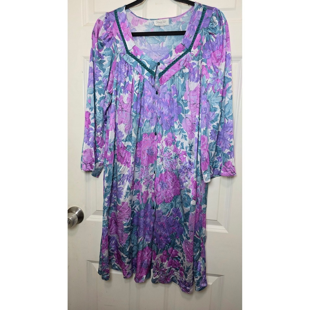 Vanity Fair Nightgown Womens Large Purple Teal Floral Button Front Vintage Sleep
